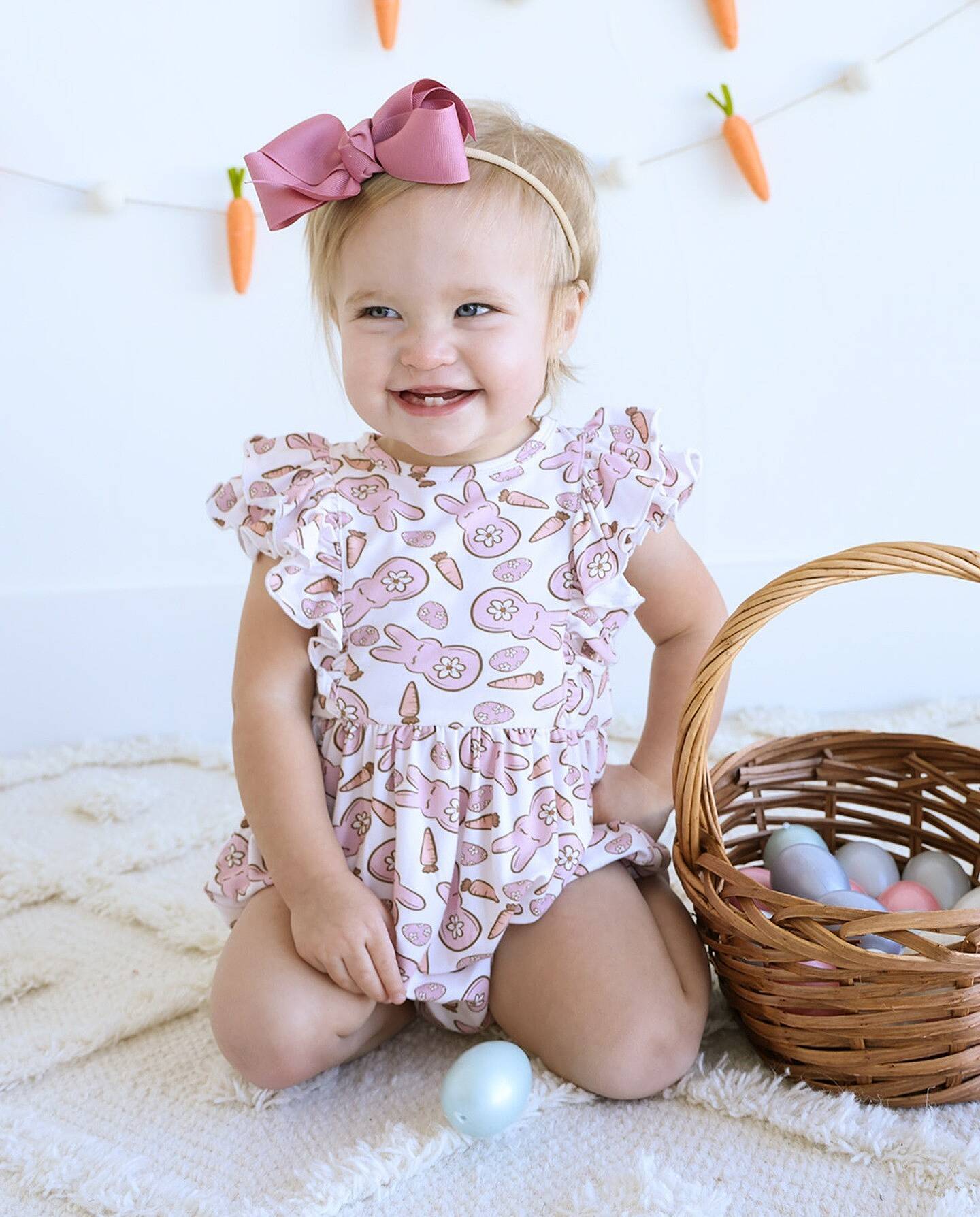 RESERVED FOR CUSTOMER: 24 retailer month Easter bubble/romper w/bunnies st top