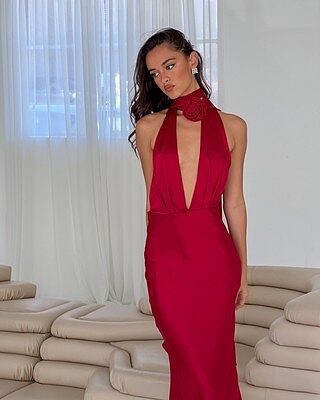Shop the Italia Azure Halterneck Rose Dress Cherry