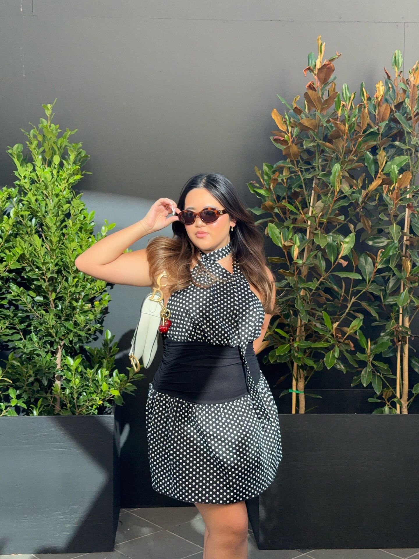 Kalianna Ruched Waist Scarf Mini Dress Polka Dot Black | Selfie Leslie