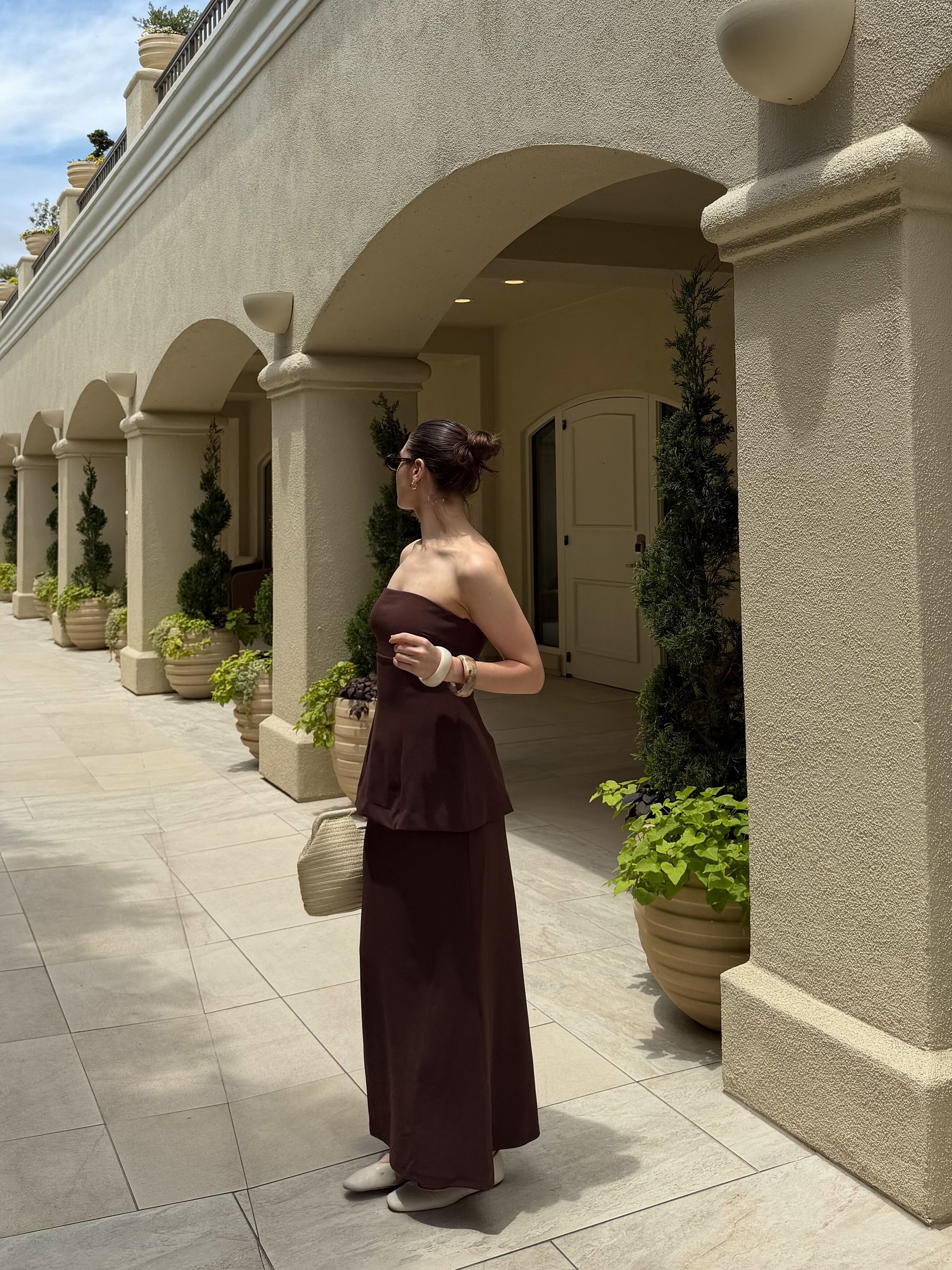 Vicci Strapless Flared Waist Maxi Dress Chocolate | Selfie Leslie