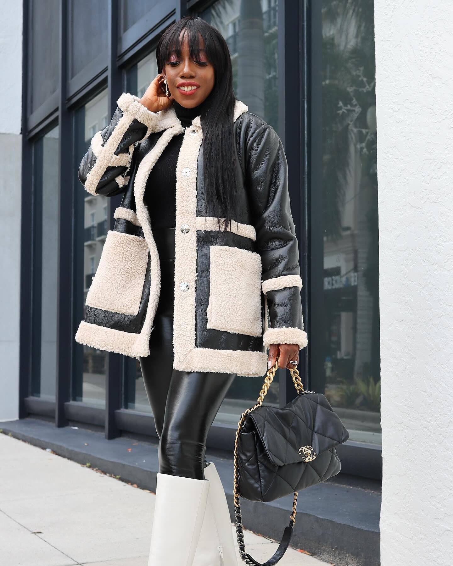 Ruth Jacket - Faux Shearling Aviator Jacket in Black | Showpo USA