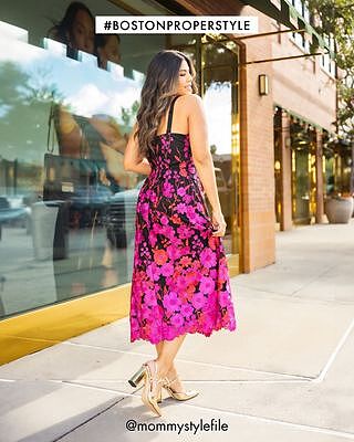 Floral Embroidered Mesh A Line Midi dress Black Multi | Boston Proper