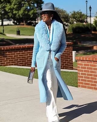 Faux Fur Collar Ribbed Long Cardigan - Airy Blue | Boston Proper
