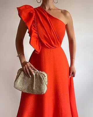 Dixie Midi Dress - Linen Look One Shoulder Ruffle Dress in Red