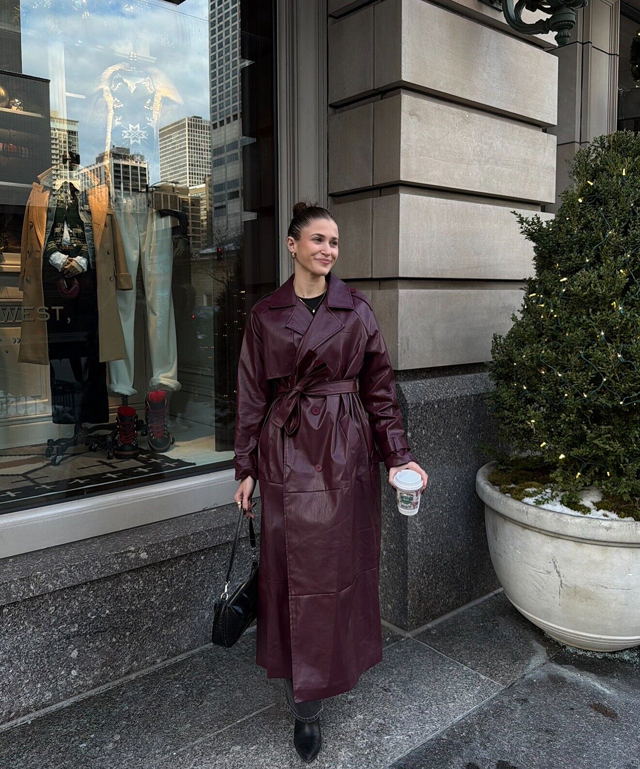 Lyora Longline Faux Leather Trench Coat Burgundy | Selfie Leslie