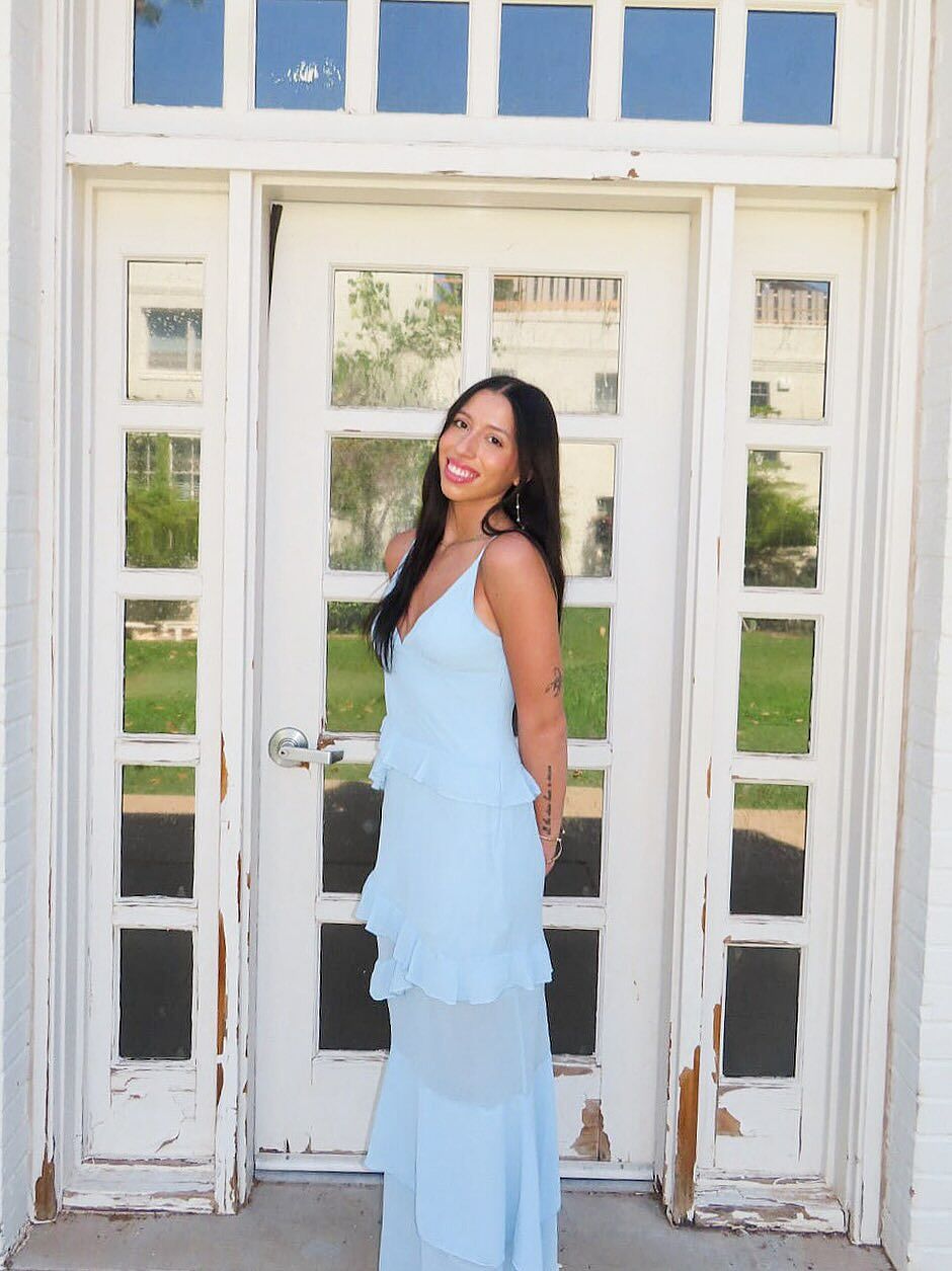 Marlie Frill Trim Rosette Maxi Dress Blue– Selfie Leslie