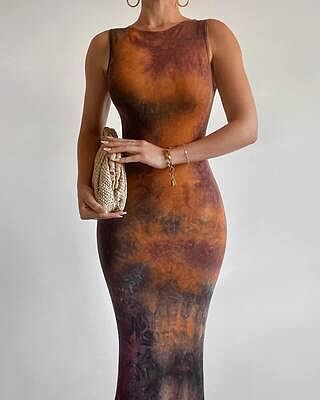 Amayra Midi Dress - High Neck Bodycon Dress in Beige Tie Dye | Showpo UK
