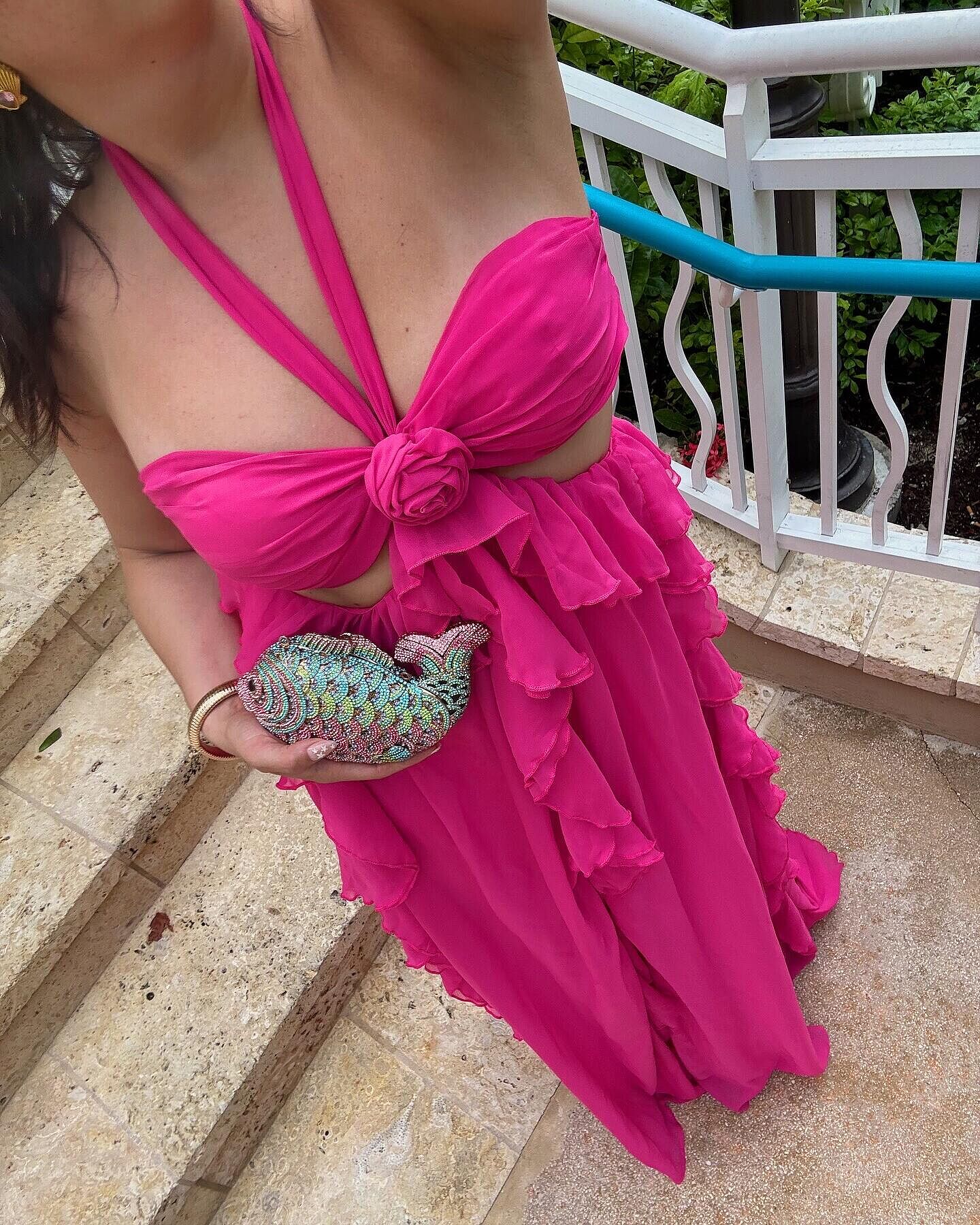 Santiago Cut-Out Ruffle Maxi Dress Fuchsia– Selfie Leslie