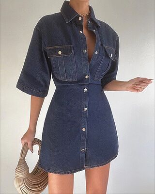 Leilani Mini Dress - Denim Short Sleeve Button Up Dress with Gold Hardware  in Washed Black | Showpo USA