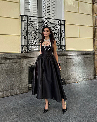 Courtney Midi Dress - Corset Panel Low Back Dress in Black