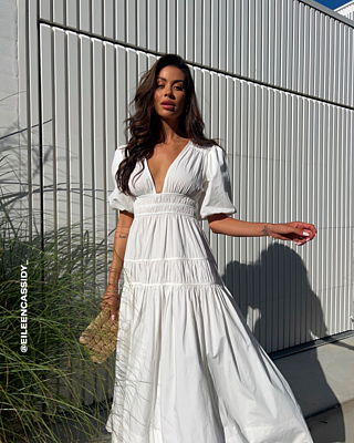 Mellie Midi Dress - Puff Sleeve Plunge Tiered Dress in White | Showpo USA