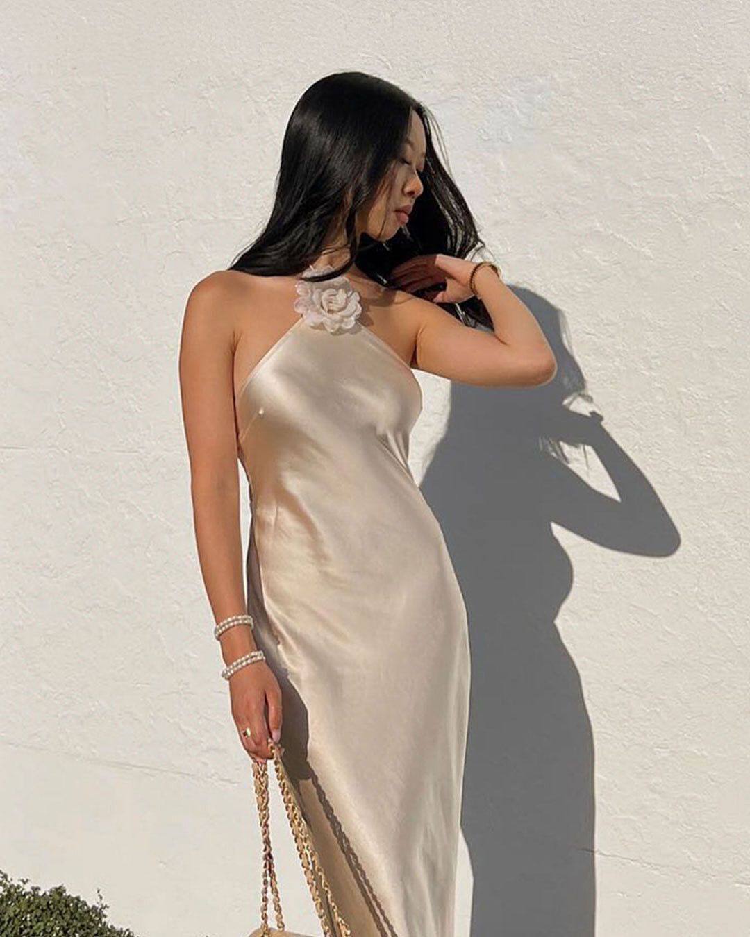 Keithy Midi Dress - Rosette Halter Neck Slip Dress in Champagne | Showpo USA