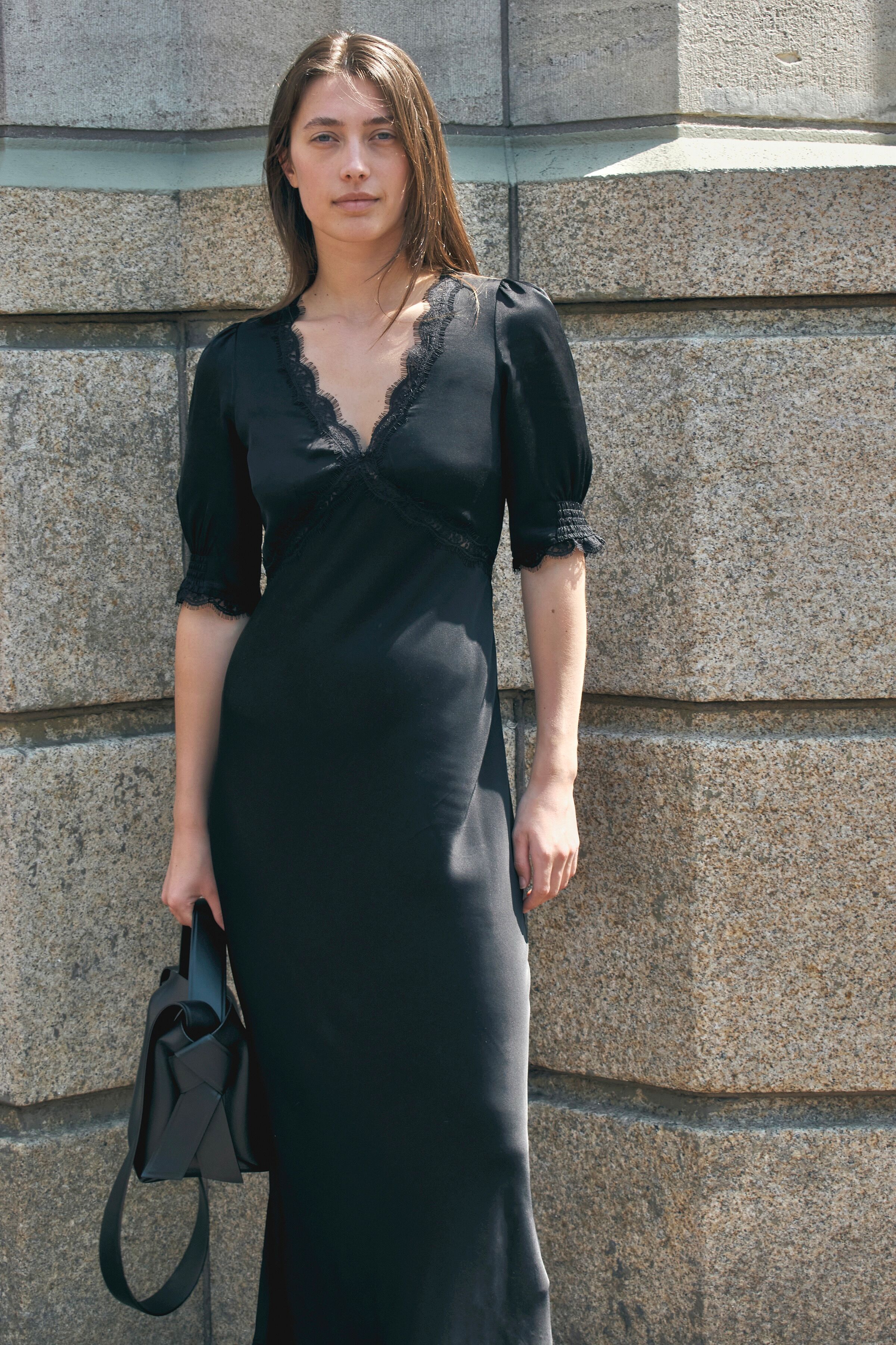 knee length dresses for ladies Annina Satin Midi Dress in Black