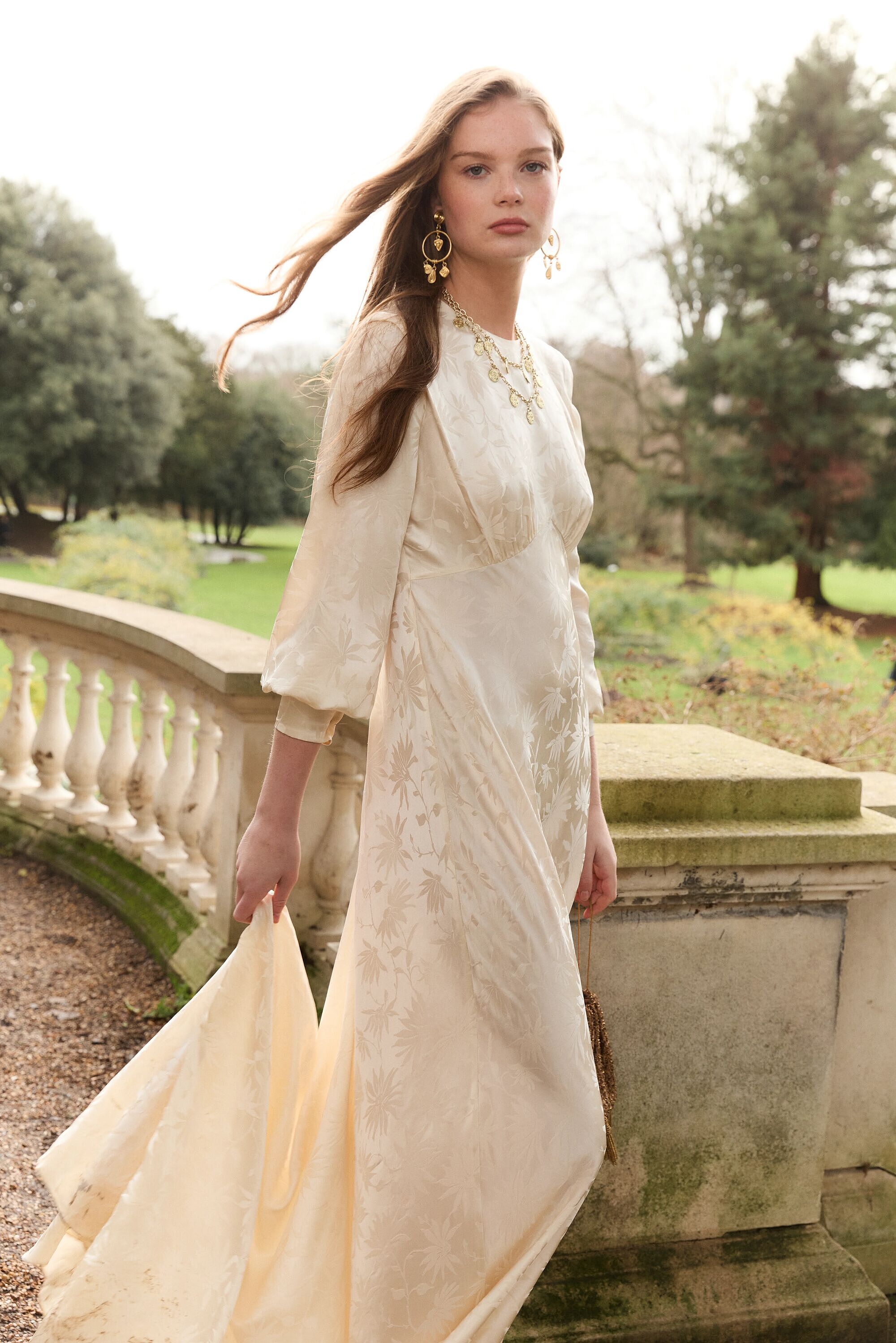 Clementine Silk Jacquard Gown in Ivory Daisy Jacquard Champagne | RIXO USA