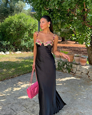 Harmony Midi Dress - Floral Detail Cup Bust Satin Dress in Black | Showpo  USA