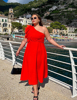 Dixie Midi Dress - Linen Look One Shoulder Ruffle Dress in Red Orange |  Showpo USA