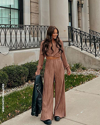 Aluna Two Piece Set - Plisse Twist Front Crop Top and Wide Leg