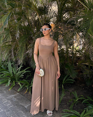 green emerald velvet dress Women's Fatima Fit and Flare Straight Across Neck Organza Midi Dress XS/S/M/L/XL/Customize Light Yellow Mean Blvd, Light Yellow / Xs main image 1