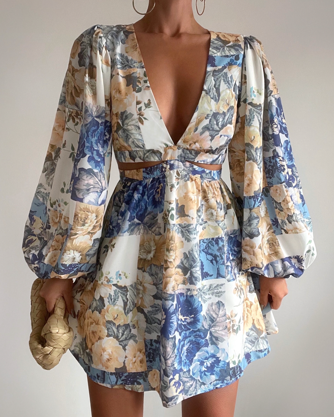 Emily Mini Dress - V Neck Long Sleeve Cut Out Dress in