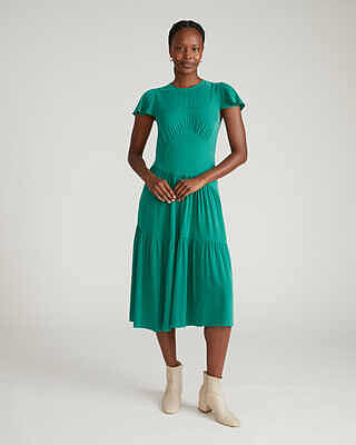 Mariella Stretch Cupro Dress - Rose Print in Deep Teal – Universal