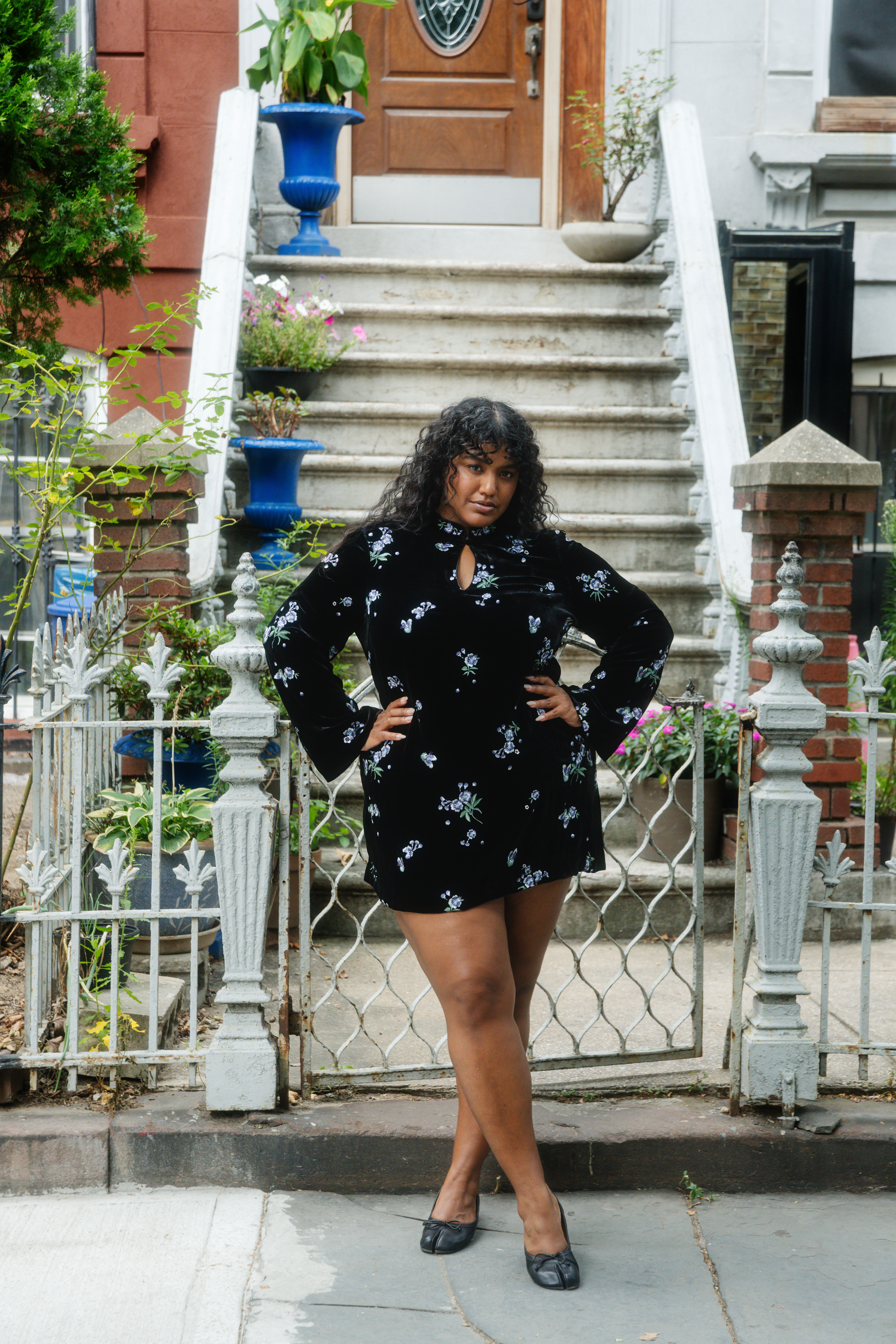 Calla Velvet Mini Dress in Black Blossom Embroidery Blue | RIXO USA ⋆