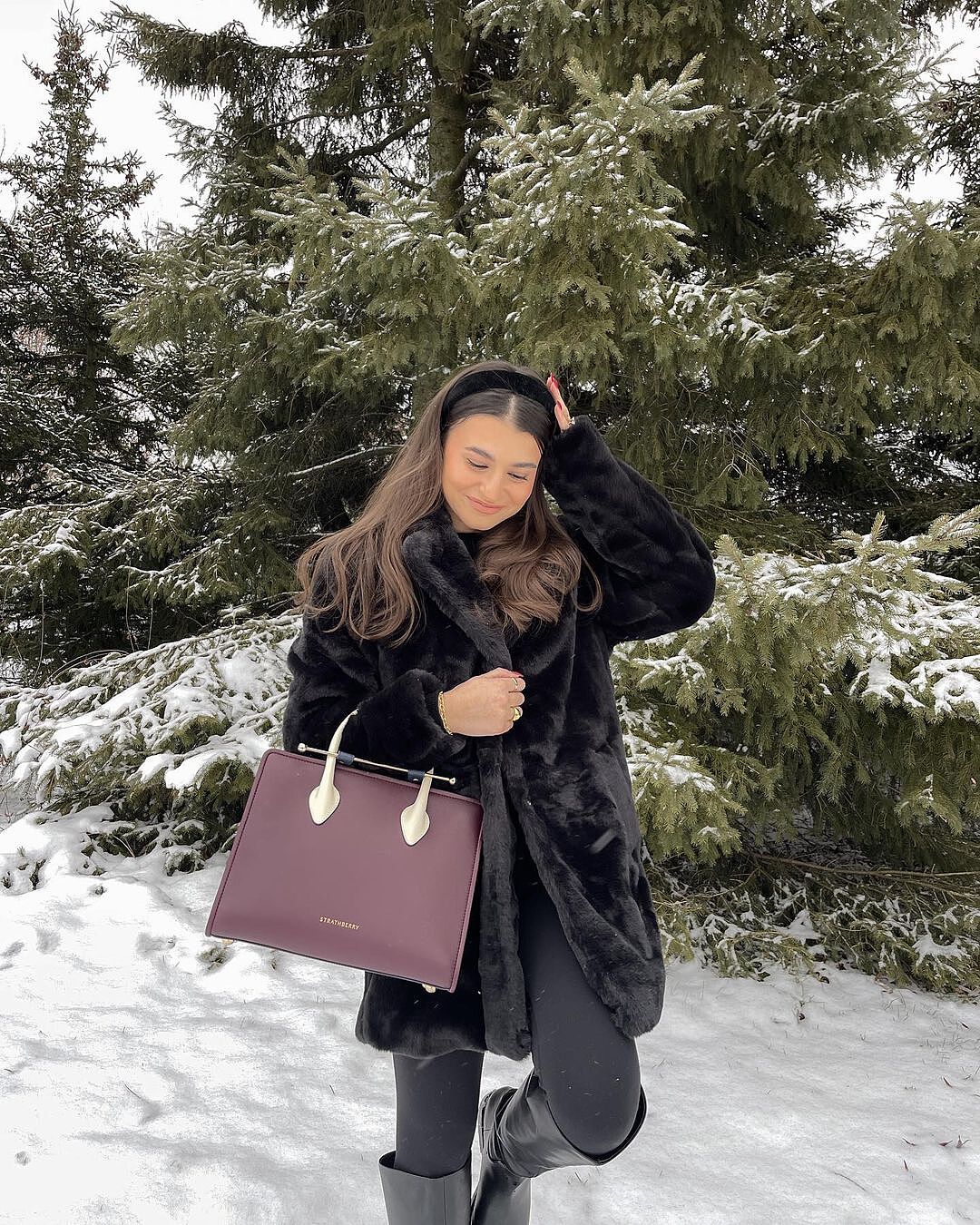 Olivia carries the Strathberry Midi Tote - Burgundy/Navy/Vanilla