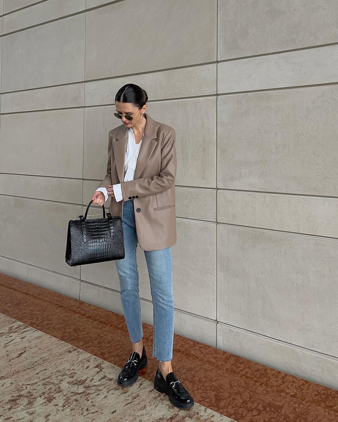 Schana carries The Strathberry Midi Tote - Croc-Embossed Leather Black