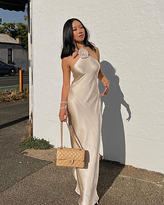 Keithy Midi Dress - Rosette Halter Neck Slip Dress in Champagne | Showpo USA