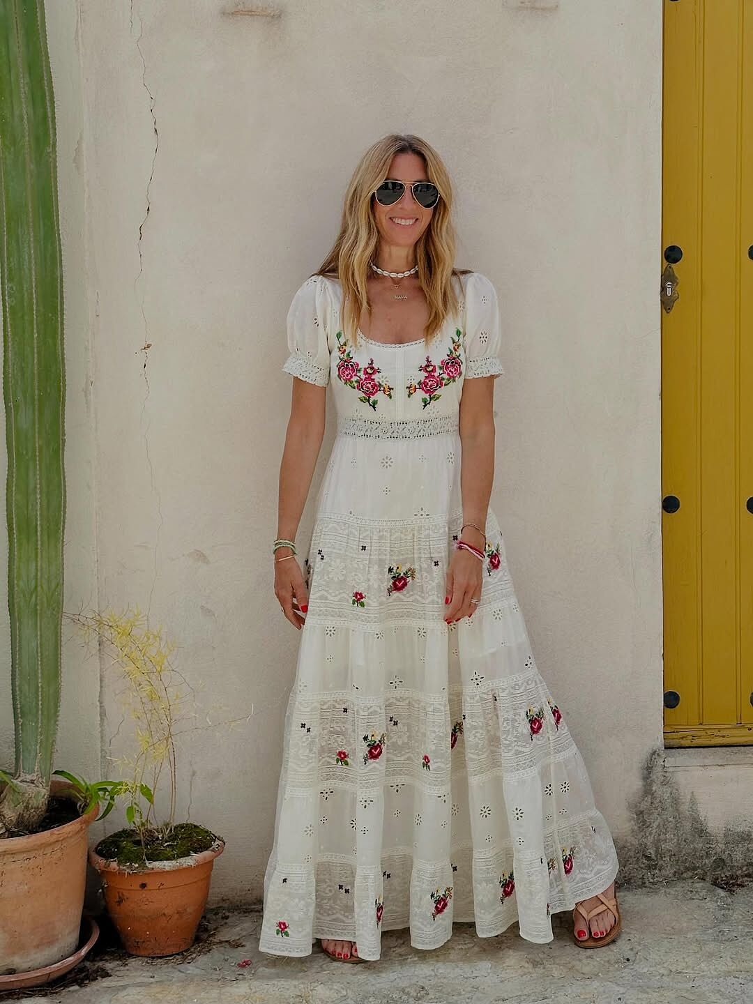 Cady Embroidered Cotton Midi Dress in Spring Rose Embroidery Cream